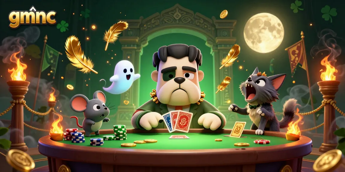 Engage in thrilling card games with gmnc's 3D casino characters surrounded by gold coins and festive effects.
