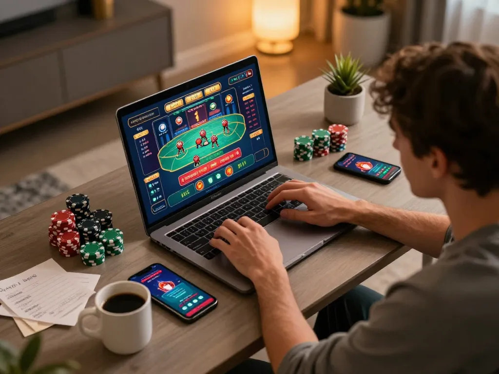 Engaging in GAME ONLINE at a stylish desk with vibrant casino games on-screen and chips ready for betting.