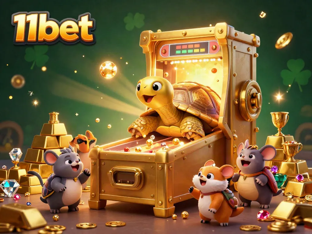 Experience the excitement of 11bet with a vibrant 3D digital illustration featuring a golden tortoise pinball machine and treasure.