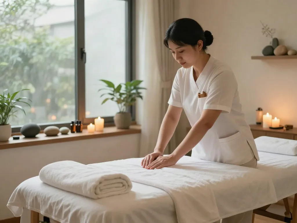 남양주출장마사지 session setup with massage therapist preparing a calming spa environment, promoting relaxation and wellness.
