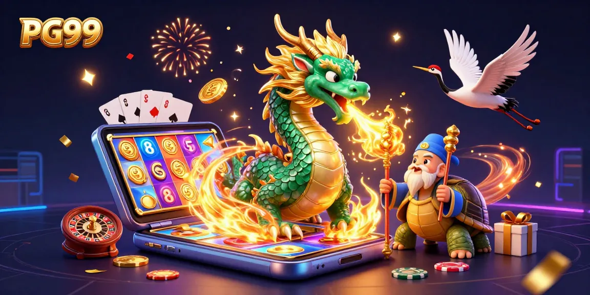 Engage with PG99's thrilling casino world featuring a majestic dragon and lively gaming elements.