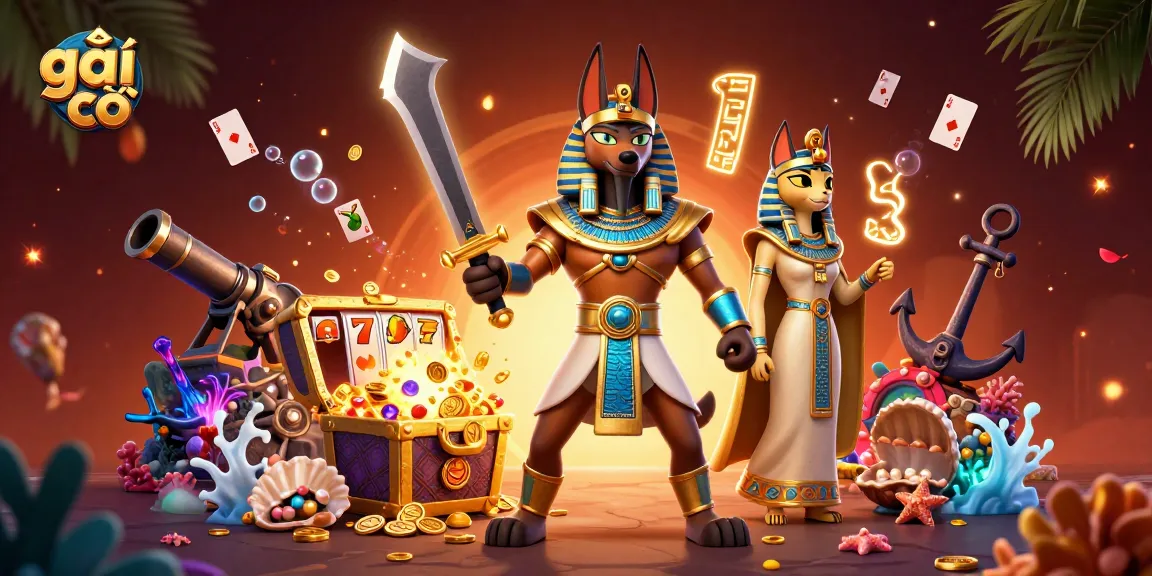 Engage in thrilling slots with gái gọi featuring a dynamic Egyptian warrior and a cat in a colorful casino scene.