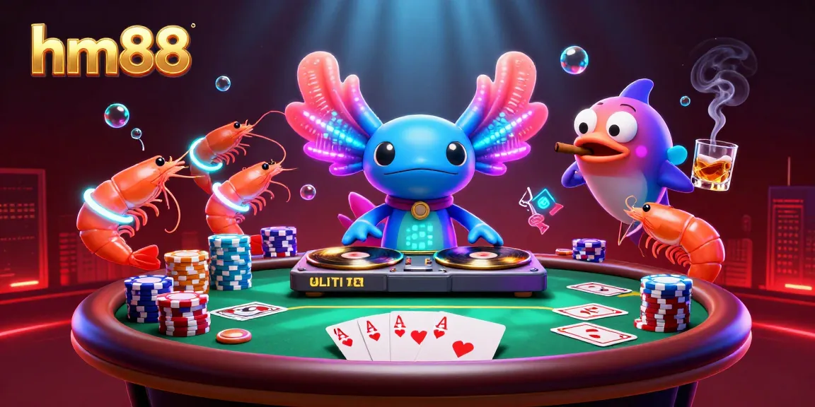 Engage with hm88's vibrant casino experience featuring a DJ, poker elements, and dynamic underwater scene.