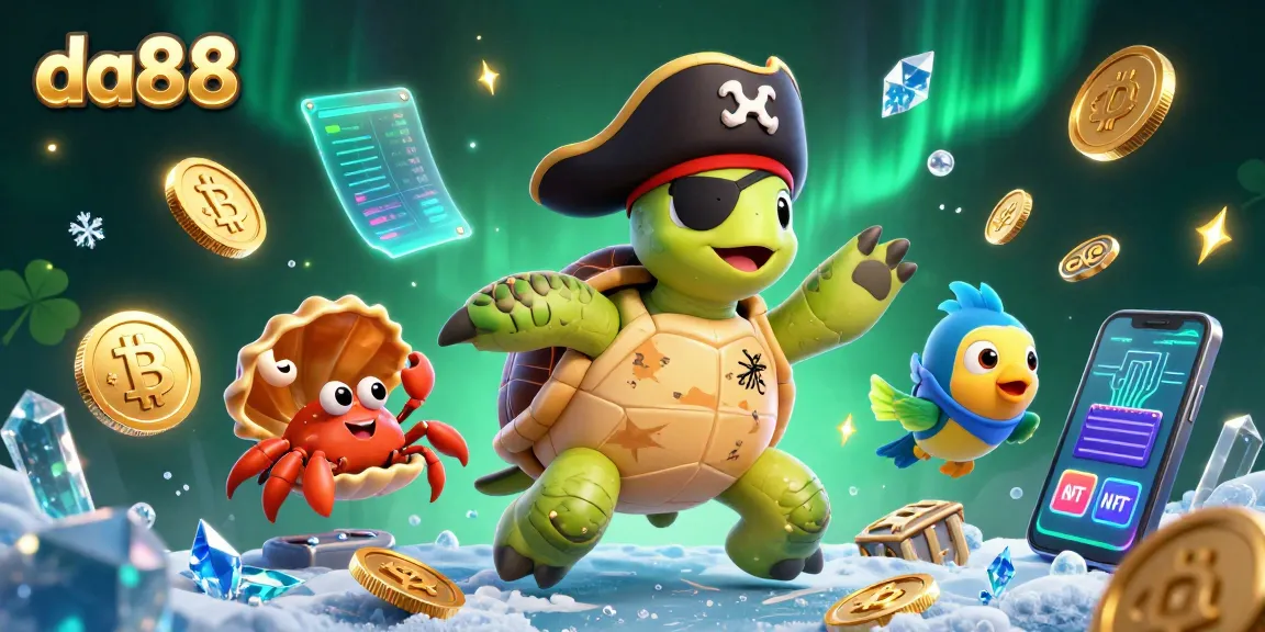 Experience da88 casino adventure with pirate turtle, crab, and parrotfish amidst crypto treasures.