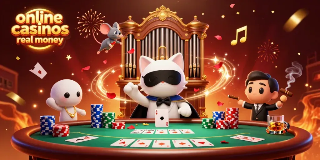 Experience online casinos real money with festive, vibrant animated characters at a lively casino scene.