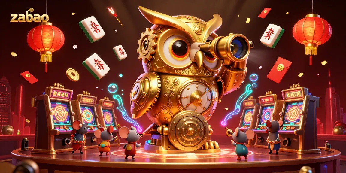 Experience excitement with zaobao as cartoon characters enjoy a busy casino floor, surrounded by festive elements.