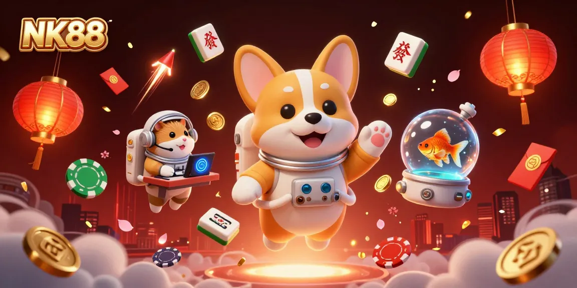 Play thrilling casino games with NK88 in a vibrant, space-themed illustration full of dynamic elements.