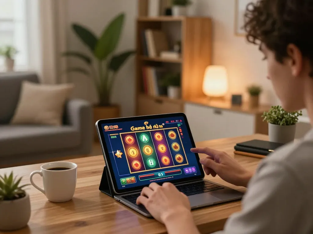 Engaging scene of a player enjoying Game bài nổ hũ online on a tablet in a cozy home office setting.