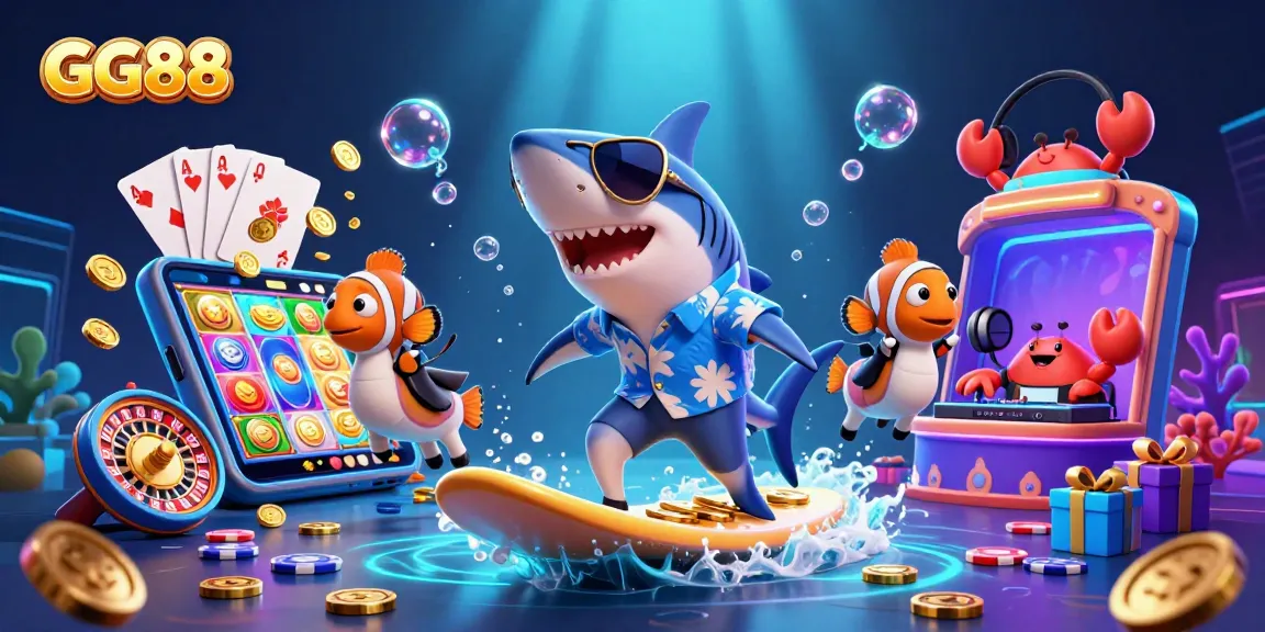 Engage with GG88's 3D casino adventure featuring vibrant characters surfing gold coins amidst dynamic gaming elements.