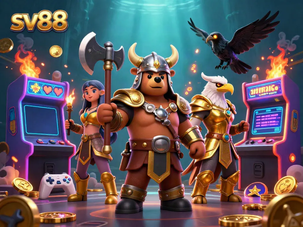 Spin to win with sv88's vibrant casino gaming adventure featuring a Viking berserker and Valkyrie in action.