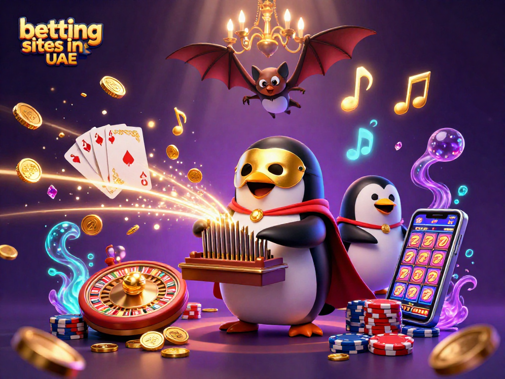 Bettors engage with top betting sites in UAE, surrounded by dynamic casino elements and golden rewards.
