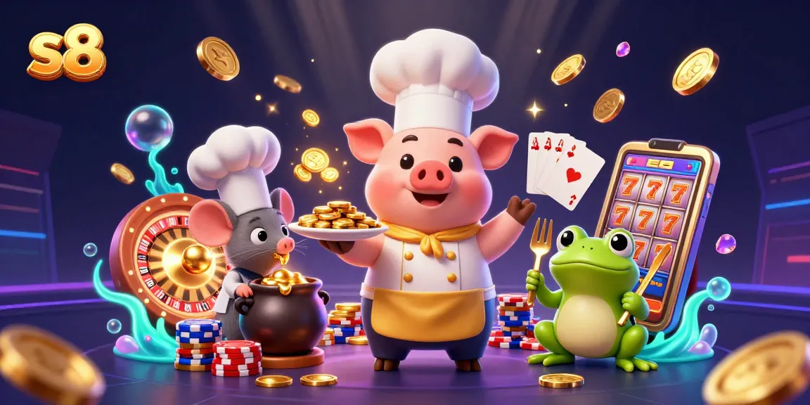 S8 casino featuring a lively 3D chef pig serving gold coins as prizes in a vibrant gaming atmosphere.
