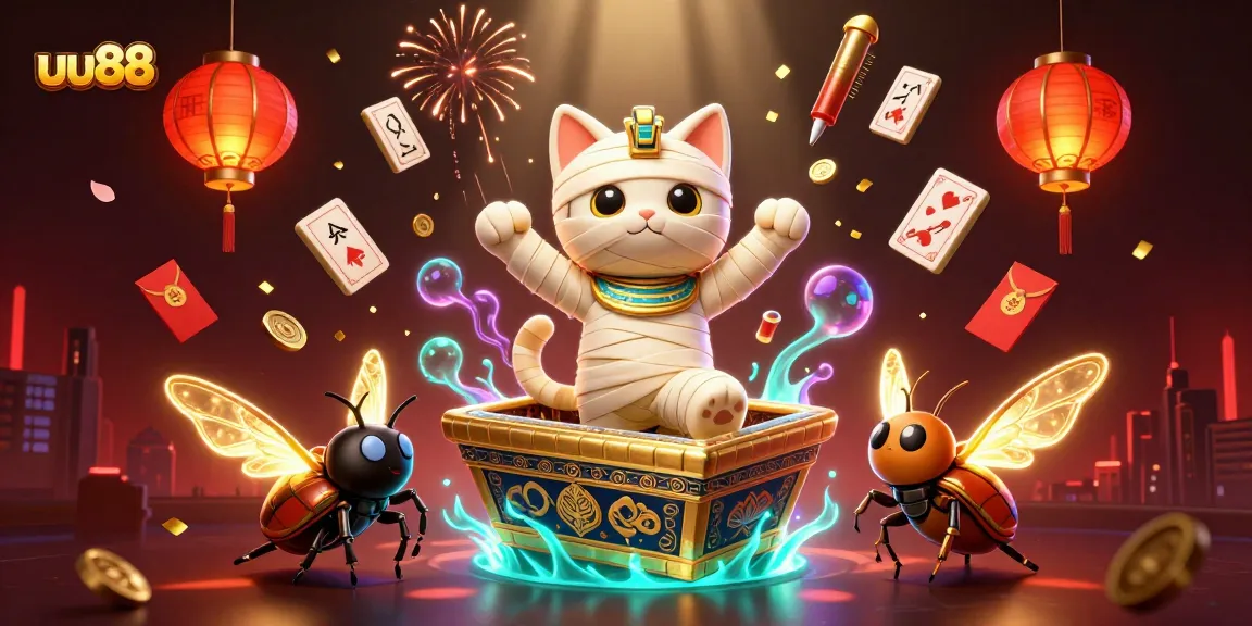 Experience excitement with uu88 featuring a 3D mummy cat in a vibrant casino scene.
