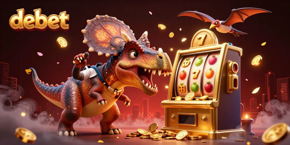 Catch the excitement of debet as a pachycephalosaurus interacts with a golden slot machine in a vibrant casino scene.