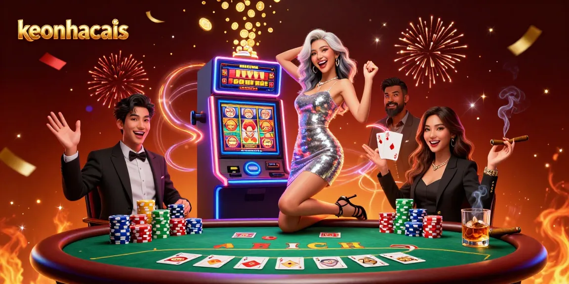 Celebrate big wins with keonhacais showcasing slot machines and poker elements in an electrifying casino scene.