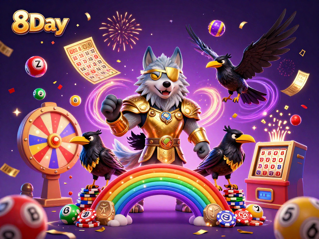 Experience the vibrant energy of 8Day with Odin and his ravens amidst dynamic casino-themed elements.