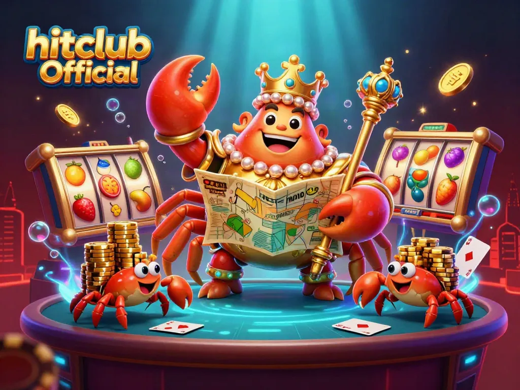 Experience high stakes at hitclub Official with a vibrant 3D casino illustration featuring a golden crab emperor.