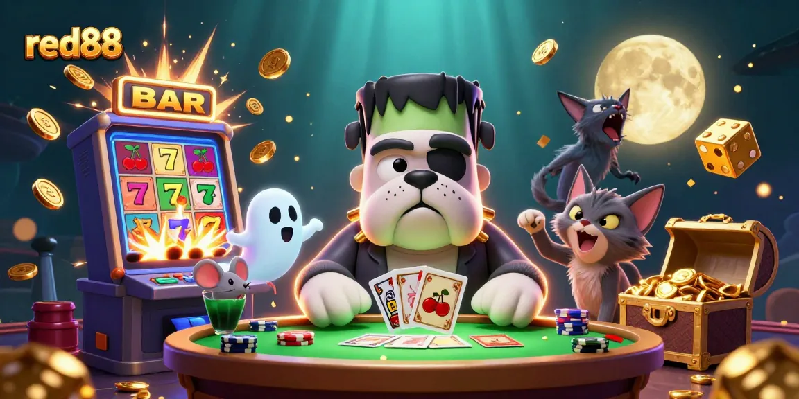 Engage in thrilling red88 casino action with a Frankenstein bulldog dealing cards at a jackpot scene.