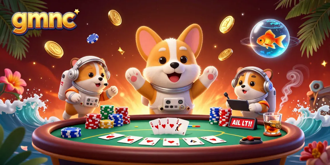 Experience gmnc in action with an astronaut corgi amidst floating poker chips and a mission-control hamster.
