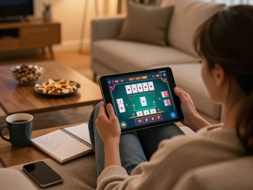 SUNWIN user enjoying online poker on a tablet at home, cozy atmosphere with strategic notes.