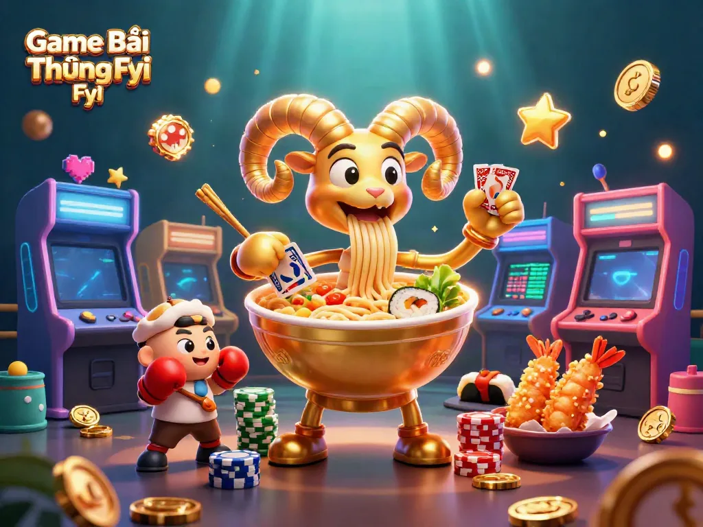 Game Bài Đổi Thưởng Fyi showcases a vibrant 3D casino scene filled with fun characters and gaming elements.