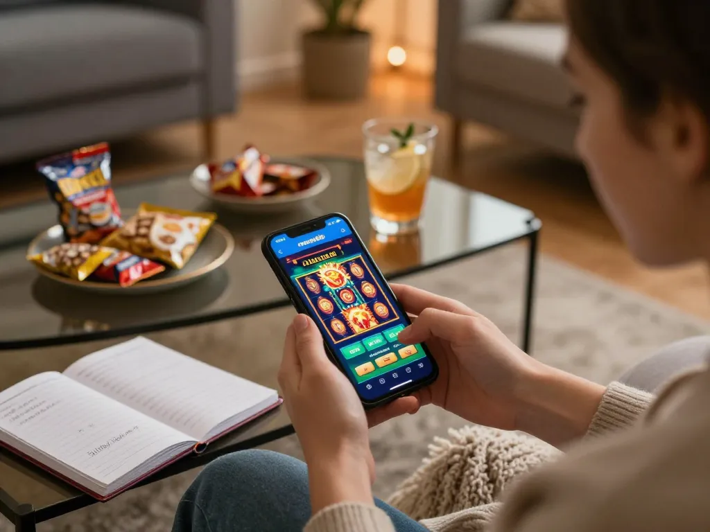 Engaging gameplay on mantra88 mobile app with vibrant slots displayed on a cozy home setting.