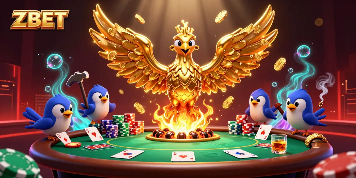 ZBET showcases a golden phoenix emerging from a forge, amidst a dynamic poker scene