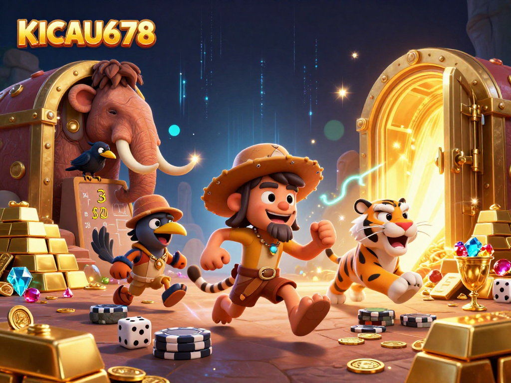 KICAU678 offers exciting gameplay experiences with a dynamic prehistoric casino illustration featuring vibrant characters.
