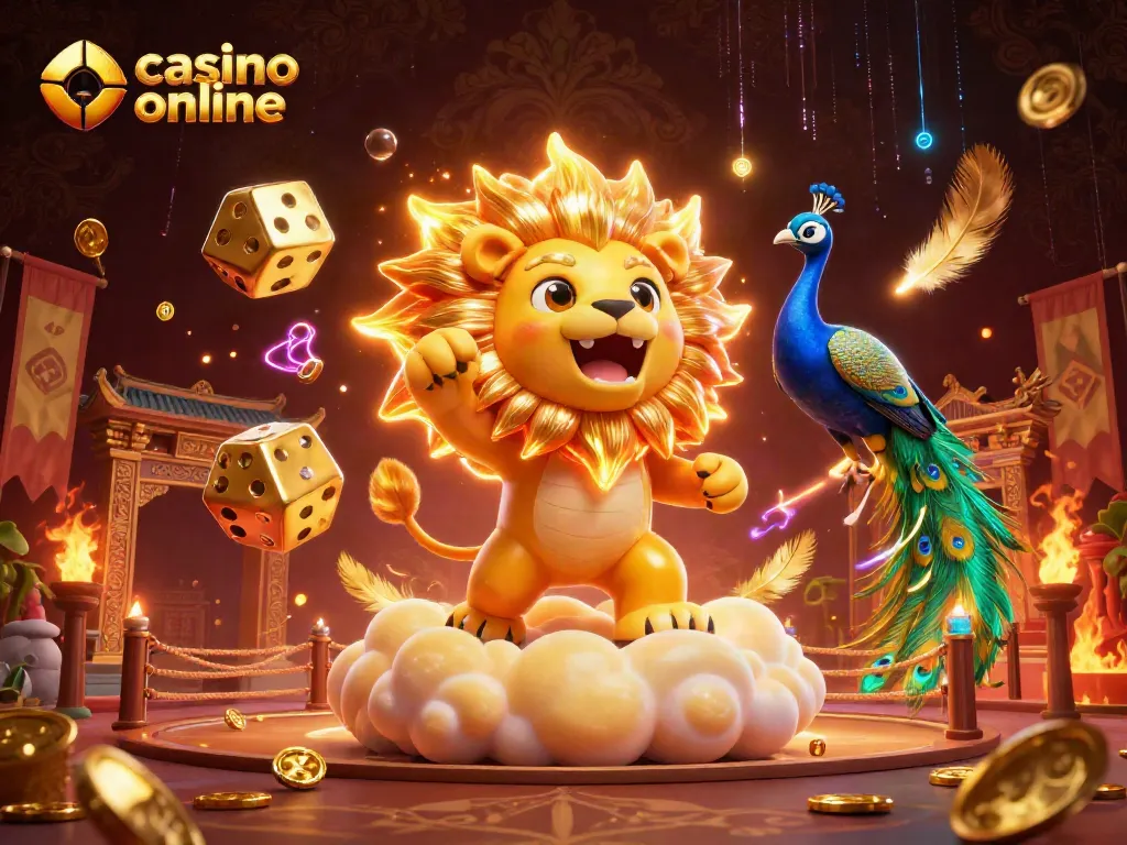 Juega en el casino online y descubre una ilustración vibrante de un león solar y dados dorados en acción.