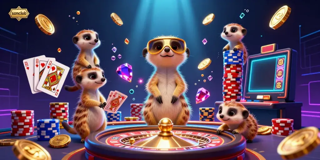 Experience the excitement of sonclub with meerkats running a dynamic casino scene full of cards and coins.