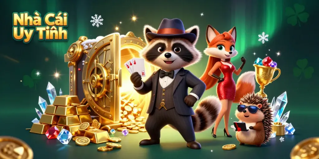 Engage in thrilling betting opportunities with Nhà Cái Uy Tín featuring dynamic characters amidst a luxurious casino scene.
