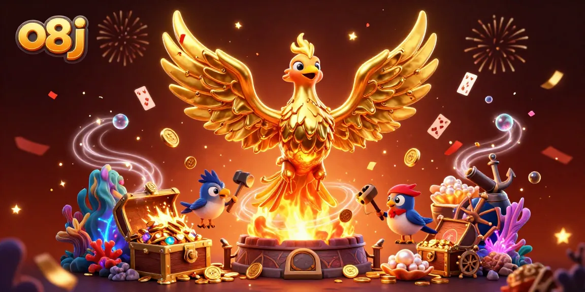 Play casino games at o8j with a golden phoenix turning molten metal into coins, surrounded by treasures.