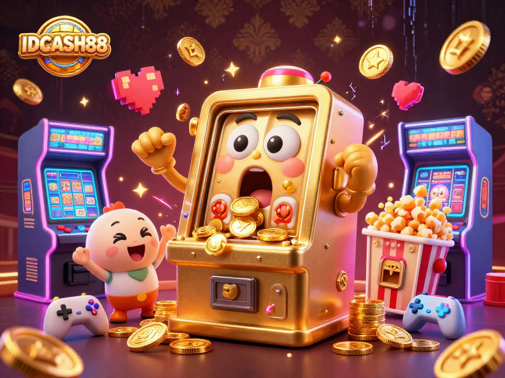 Experience the jackpot excitement with IDCASH88's golden slot machine illustration amid energetic gaming icons.