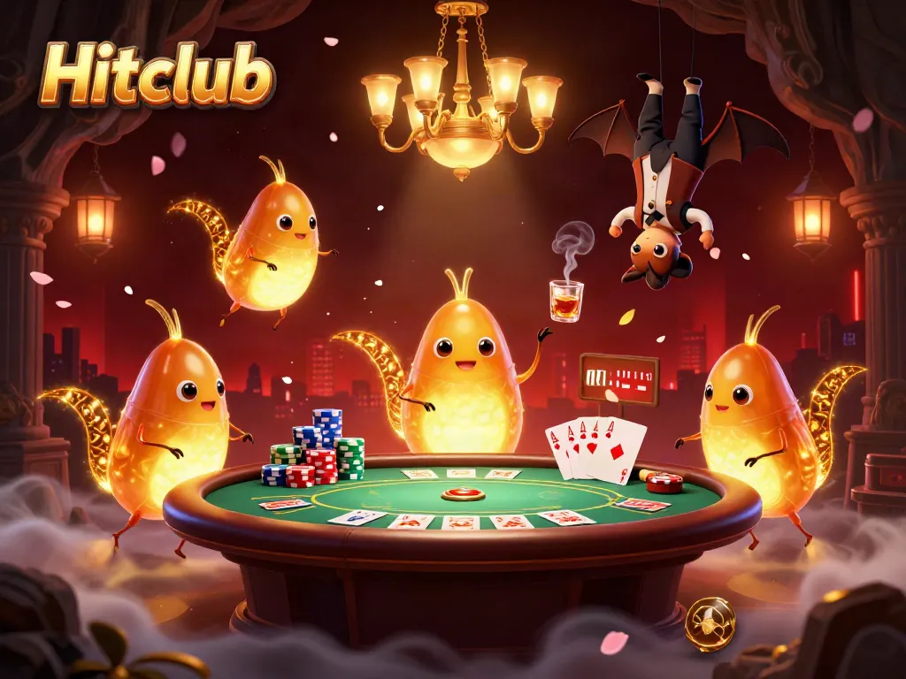 Hitclub glowworms illuminate a vibrant cave casino scene with a bat dealer, showcasing rich poker elements.