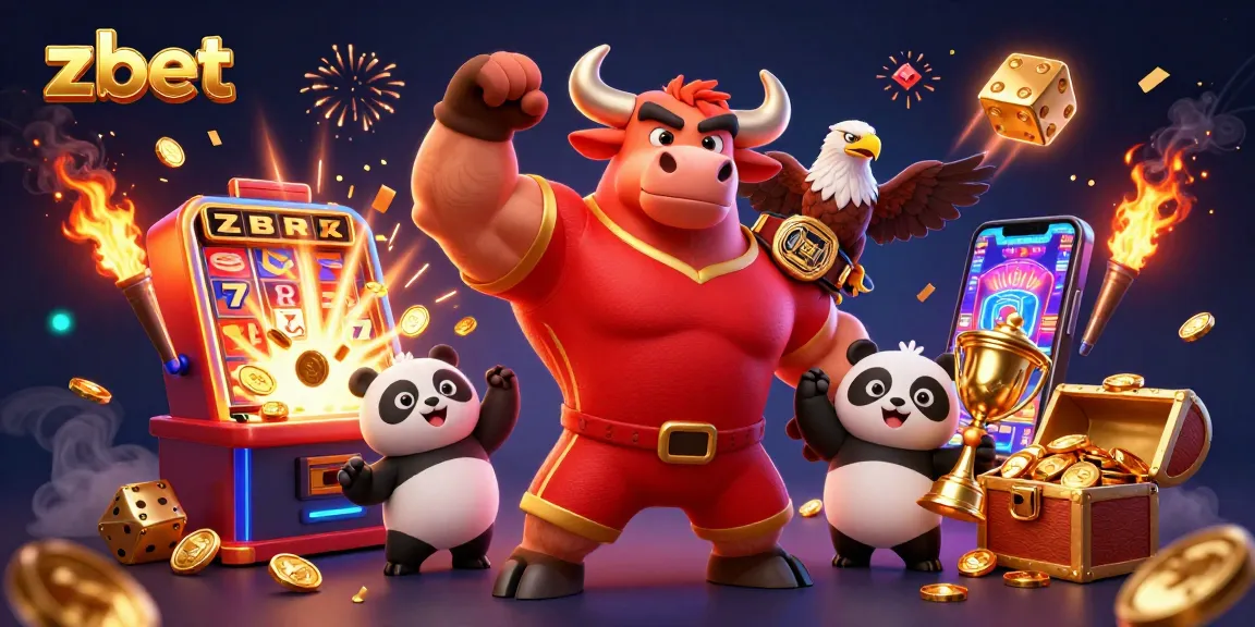 Zbet showcases a victorious bull mascot with a trophy and eagle in an exciting casino scene.