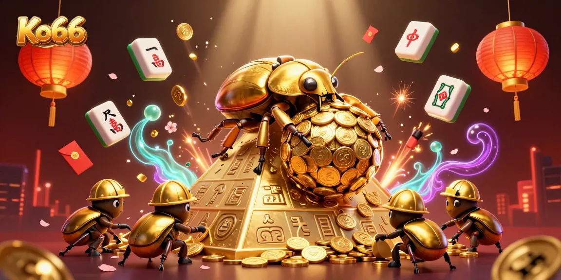 Experience the excitement of Ko66 with a dynamic illustration of casino-themed beetles rolling golden coins.