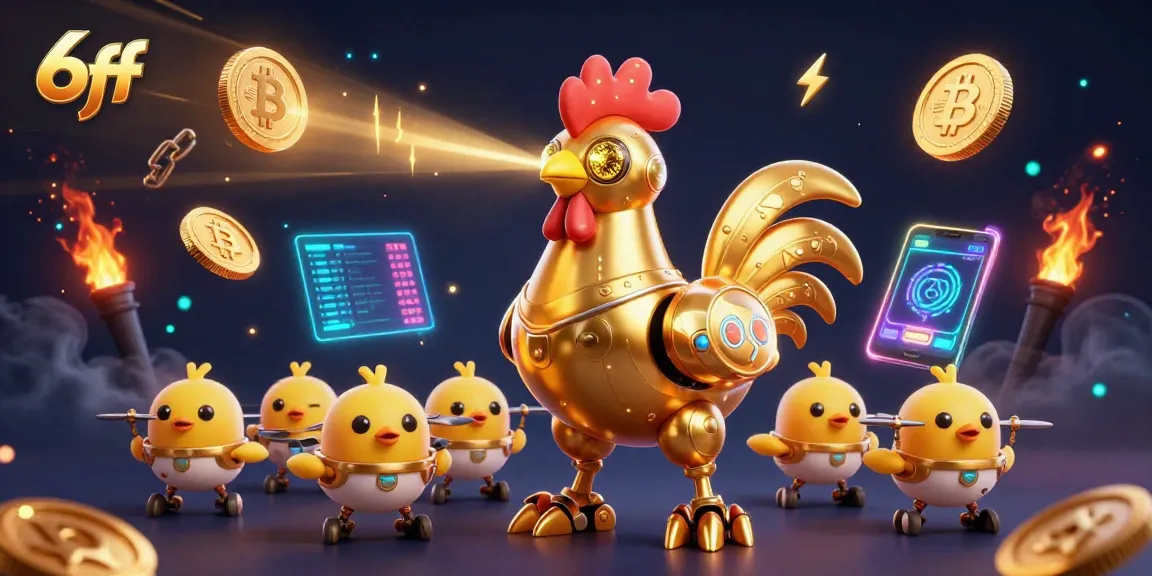 Join the 6ff adventure with a golden rooster robot amidst glowing crypto symbols in this vibrant casino theme.