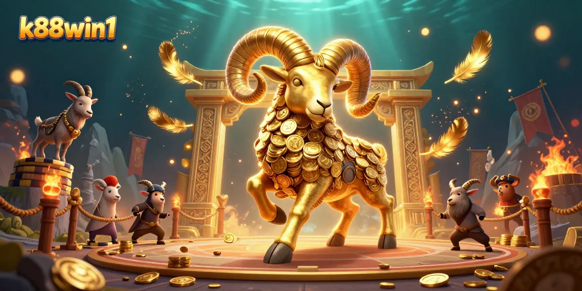 K88win1 showcases a vivid 3D digital casino scene with a charging golden ram, dynamic betting tokens, and enchanting visuals.