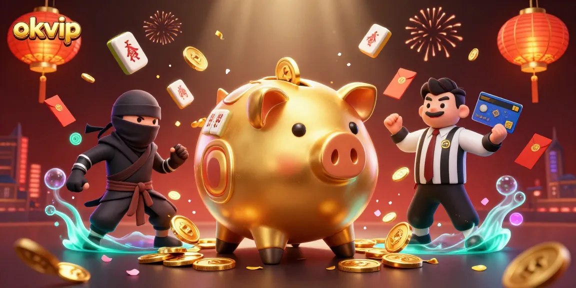Experience the thrill of okvip with a dynamic 3D illustration of a sumo wrestler, ninja, and referee in a gambling-themed scene.