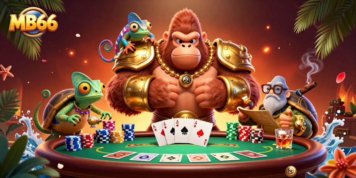Engage in thrilling poker action with MB66's vibrant 3D casino scene featuring a formidable gorilla king and colorful game elements.