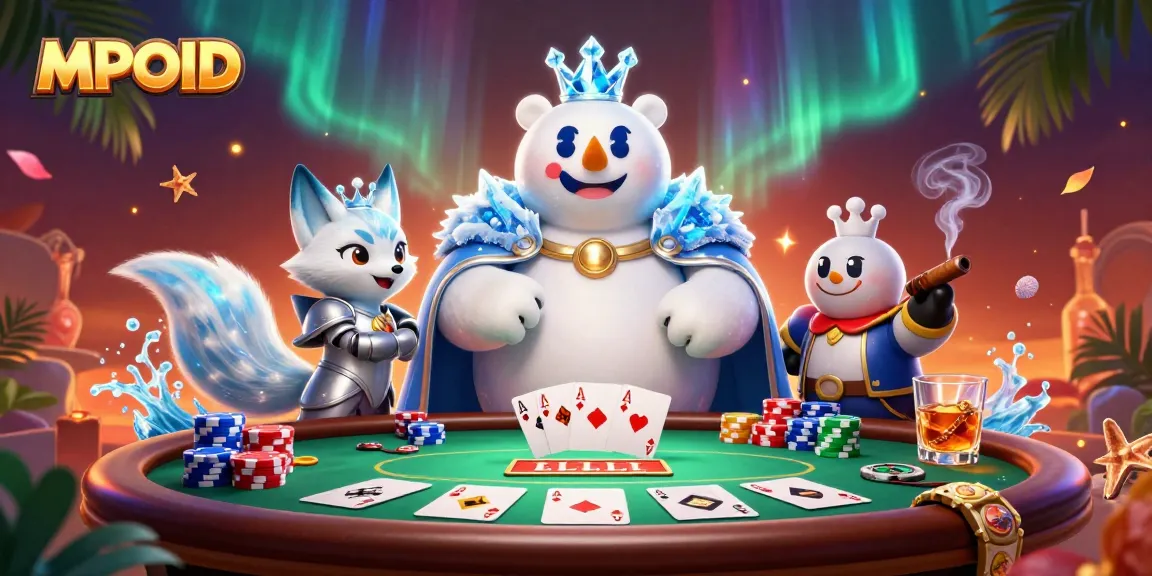 MPOID showcases an exciting gaming scene with a polar bear king and silver fox at a vibrant poker table.