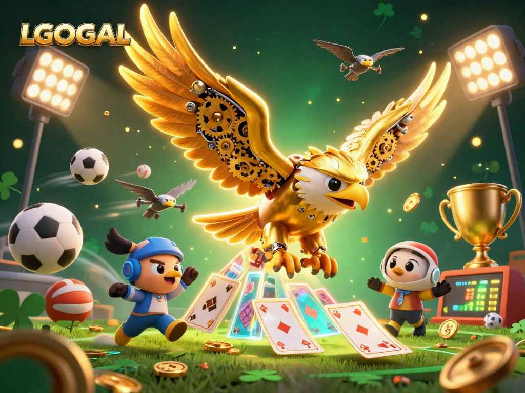 Join the action with LGOGOAL as the cybernetic eagle dives through holographic cards and sports elements.