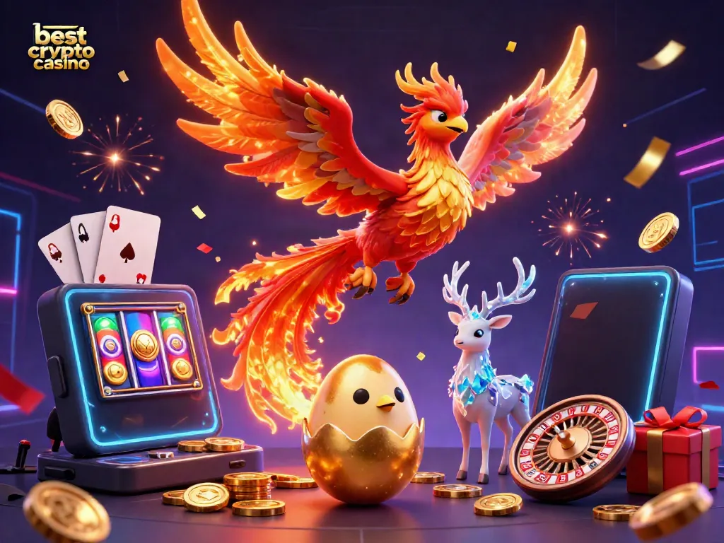 Experience thrilling games at the best crypto casino with a dynamic scene of a phoenix, crypto elements, and celebration.