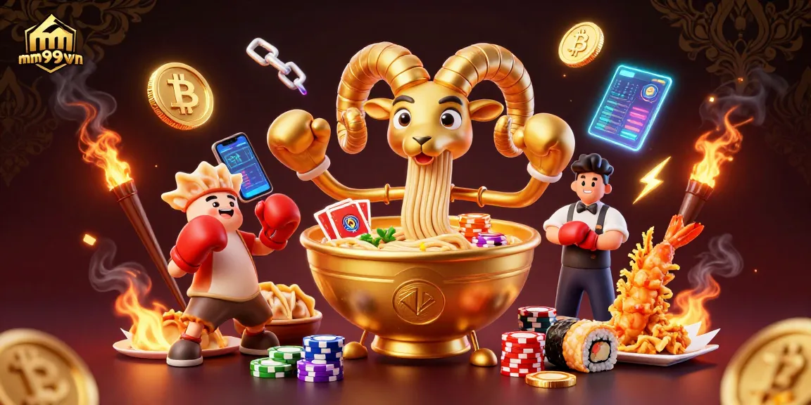 Engaging mm99vn cartoon scene showcasing a golden ramen bowl dealer at a vibrant casino.