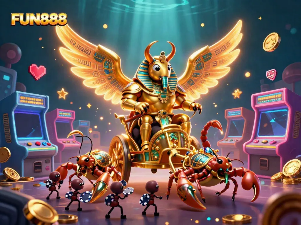 Experience thrilling excitement with FUN888, featuring colorful casino elements and a dramatic golden scarab beetle.