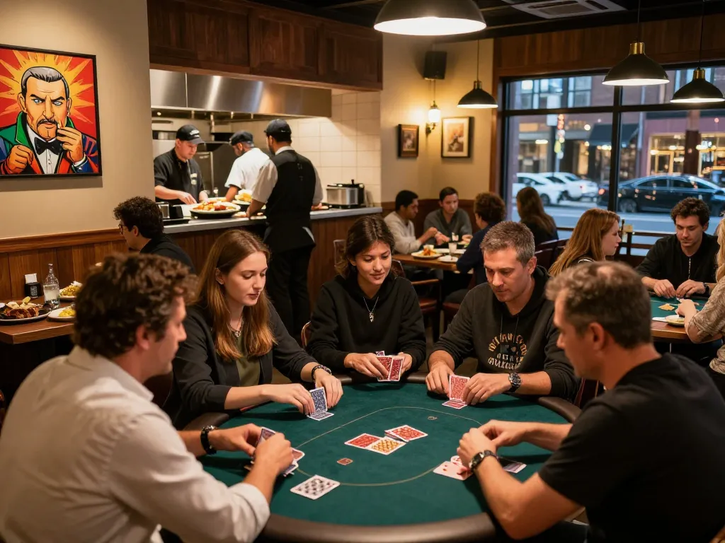 Engaging scene of diners at Pokerseri enjoying food and games in a vibrant atmosphere.