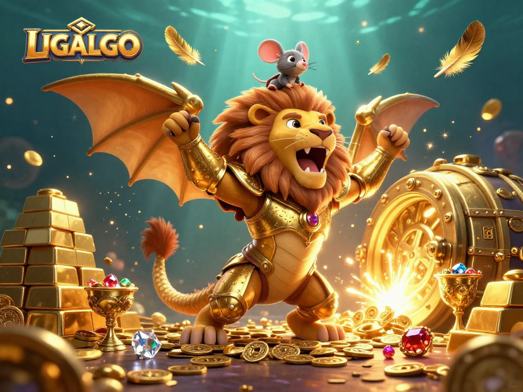 LIGALGO champions thrilling online sports betting with a golden chimera and treasures in a dynamic casino scene.