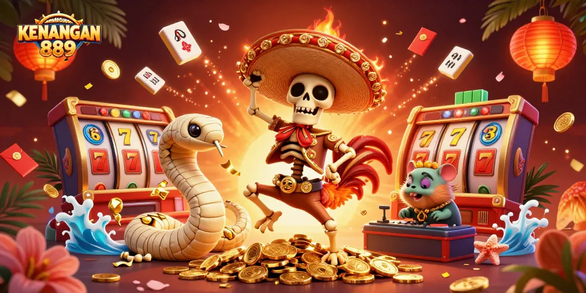 Engage with KENANGAN889's thrilling slot games in a vibrant, festive scene filled with excitement and fun!