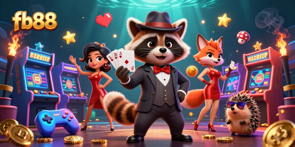 Experience thrilling gaming action with fb88 featuring a suave raccoon, a charming fox, and vibrant casino elements.