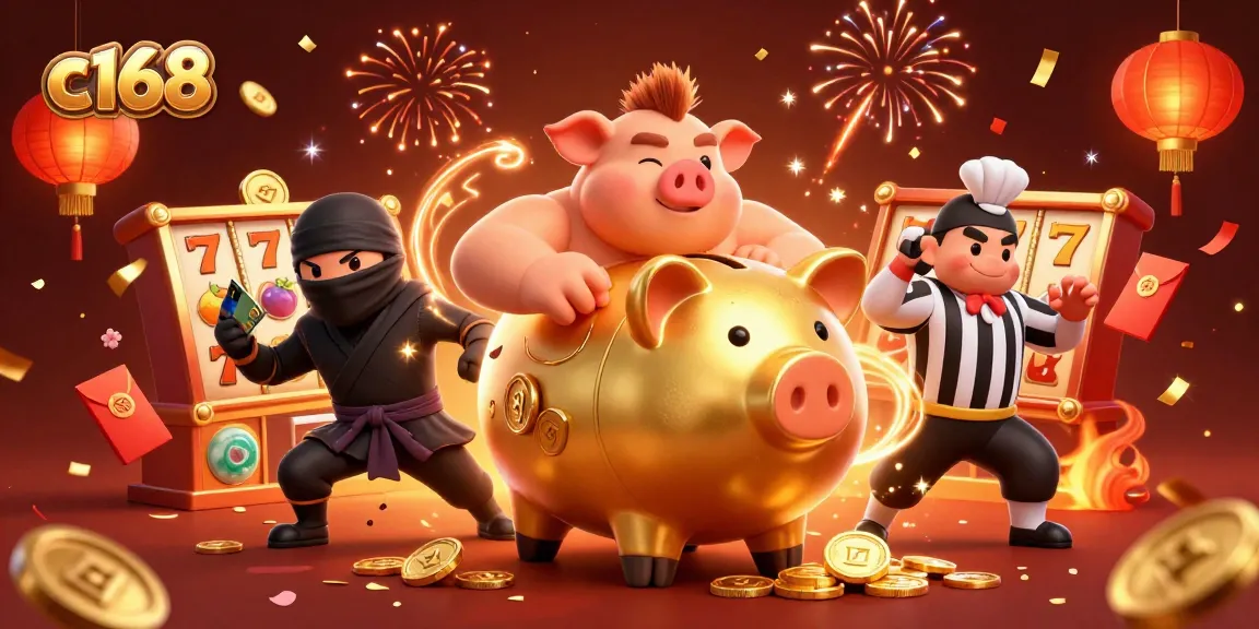 Experience thrilling gameplay at c168 with a golden piggy bank wrestler surrounded by jackpot symbols.